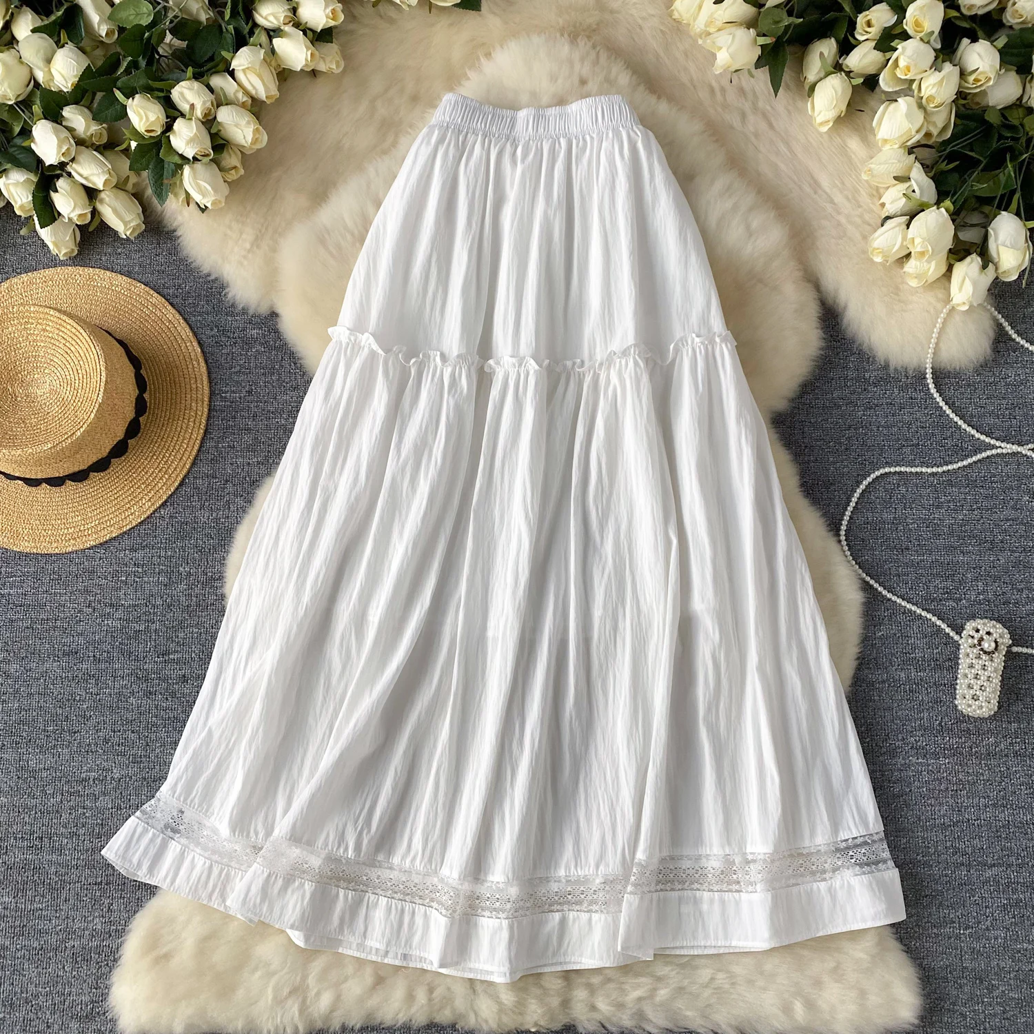 

Women Chic lace PATCHWORK High Waist loose Full Skirt Party Fashion Vintage A-line Skirt summer korean fashion basics