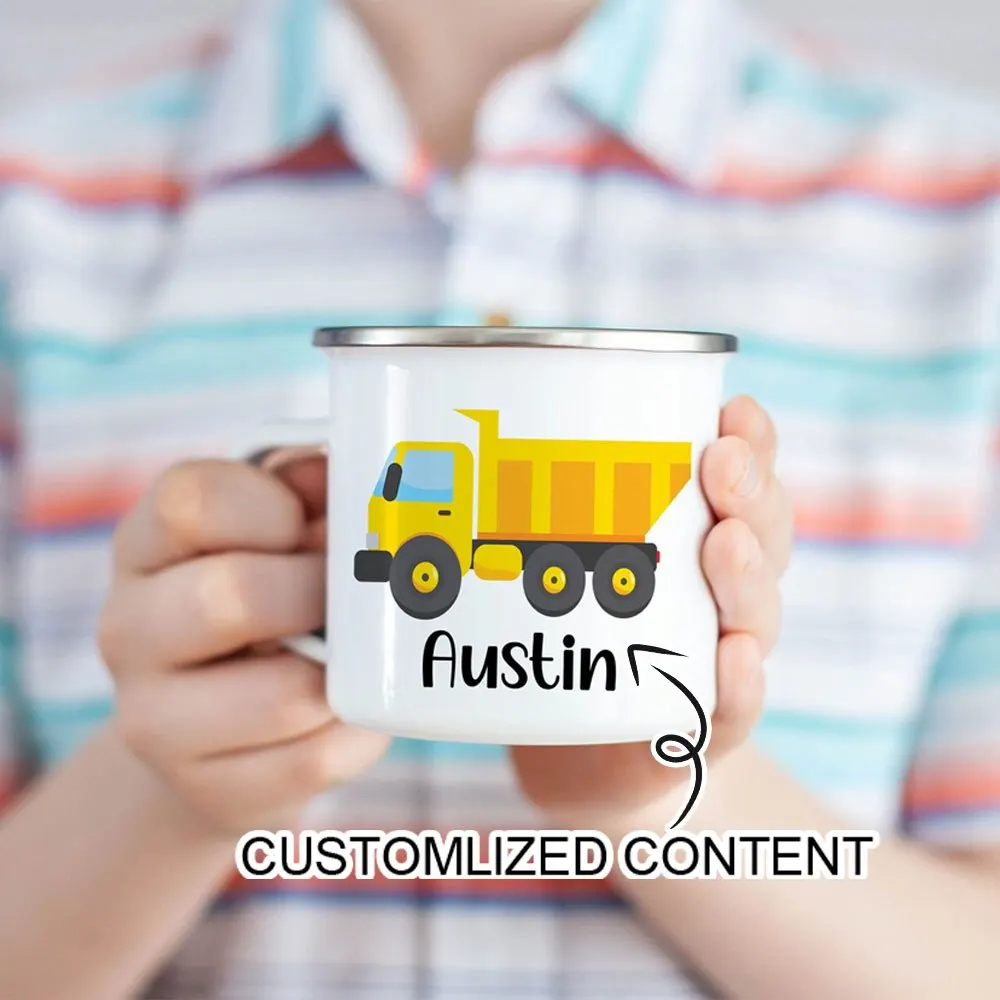 2026 New Cartoon Fire Truck Personalized Enamel Mug, Customized Name Camping Cup, Boys Christmas Stocking Stuffer Gift.