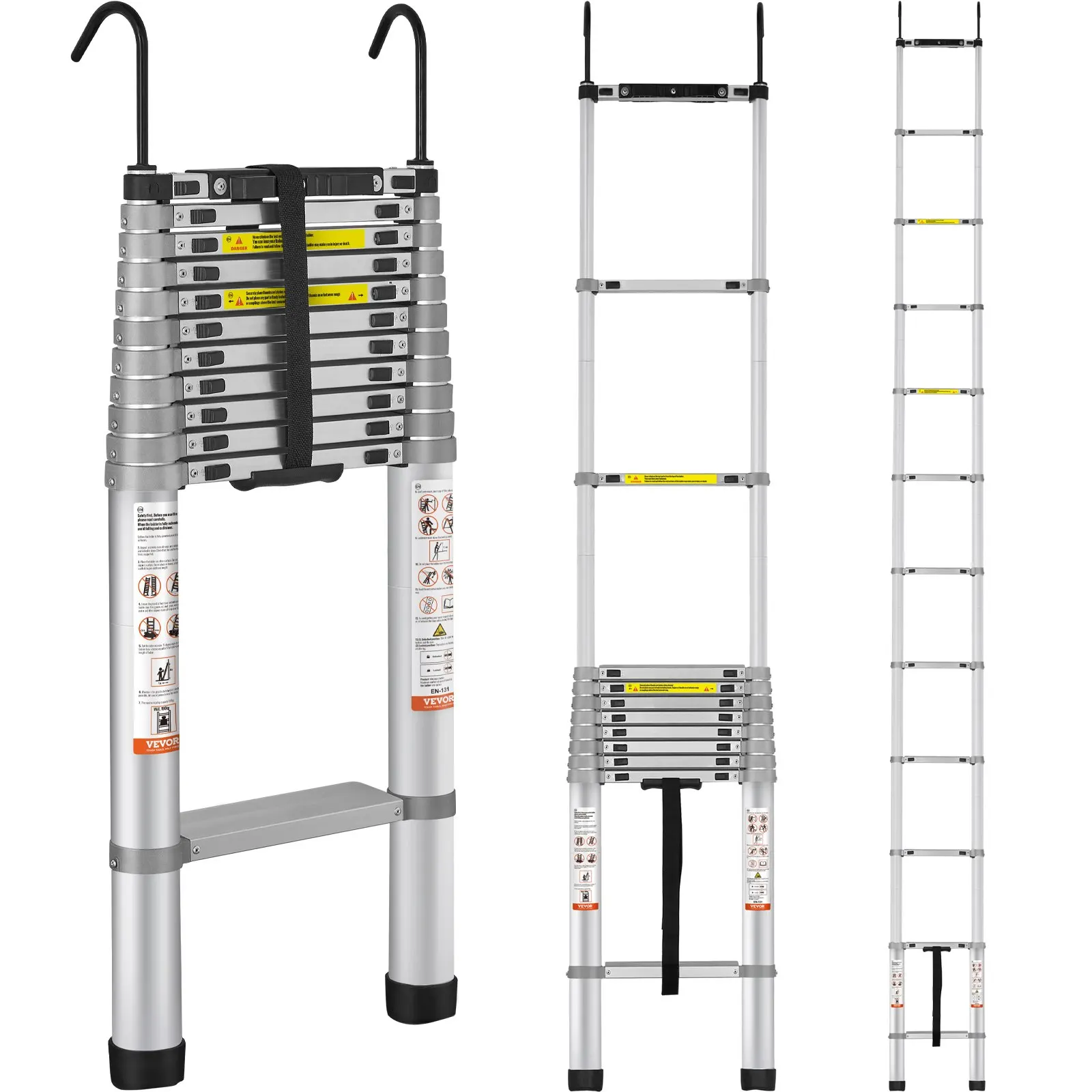 15 FT Aluminum One-button Retraction Collapsible Extension Ladder, 400 LBS Capacity with Non-slip Feet，Telescoping Ladder