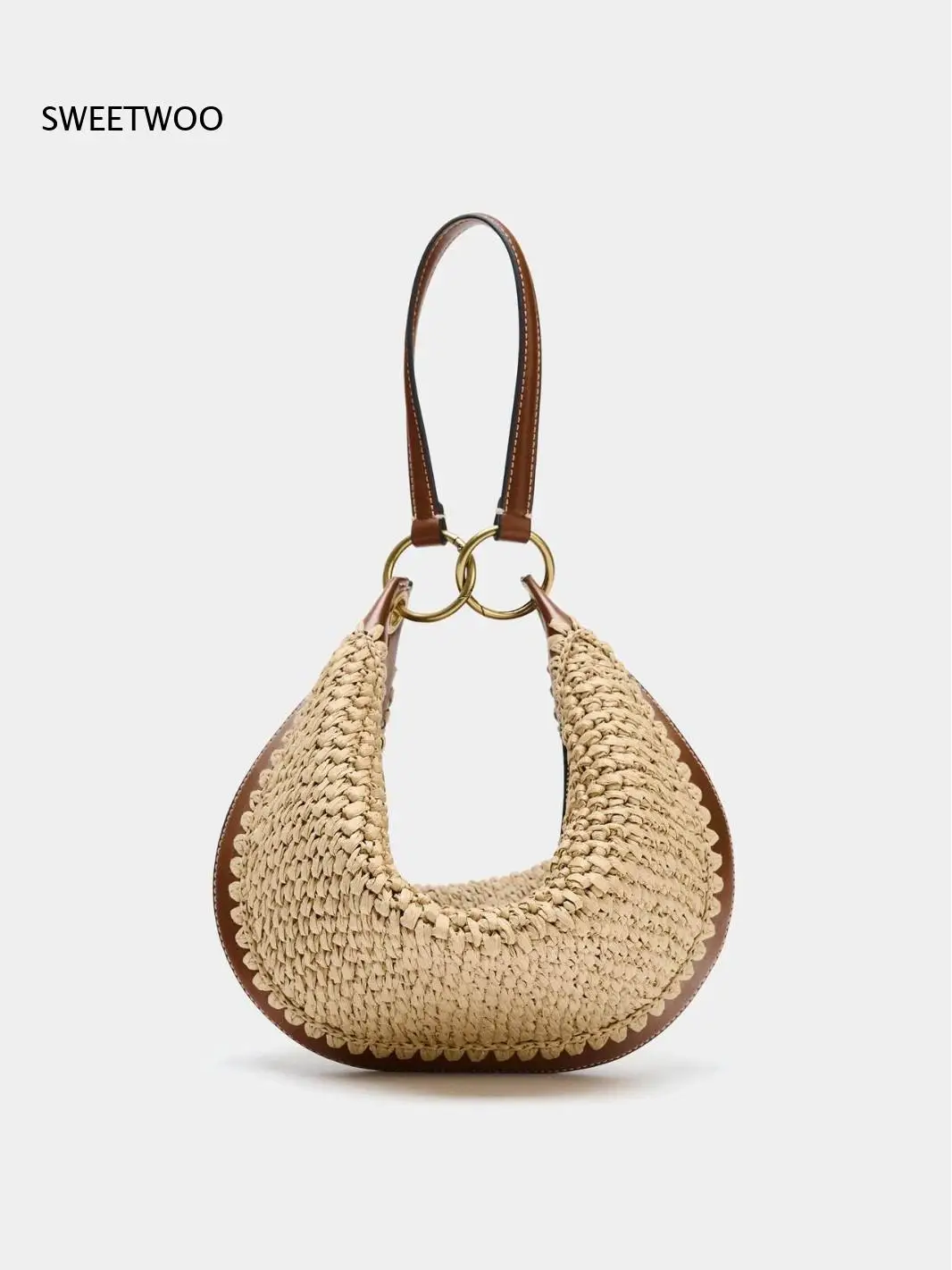 Woven Straw Hobo Shoulder Bag Contrast Trim Gold Metal O Ring Adjustable Strap Summer Beach Underarm Handbag