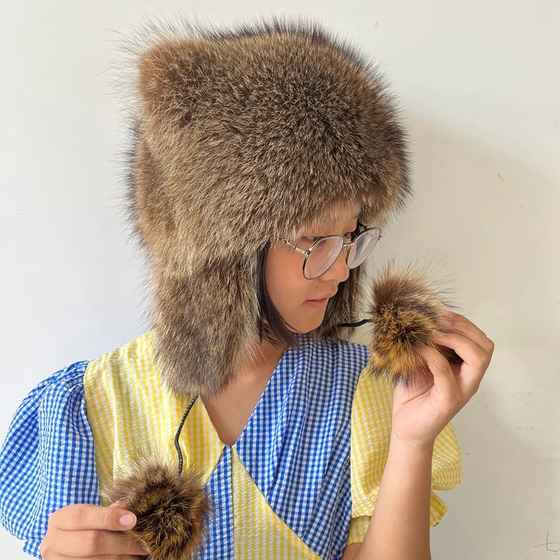 Fangtai 2023 Fashion 100% Genuine Fur Raccoon Winter Women's Hat Warm Earmuffs Beanie Cap Russian Snow Hat Men's Children's Hat