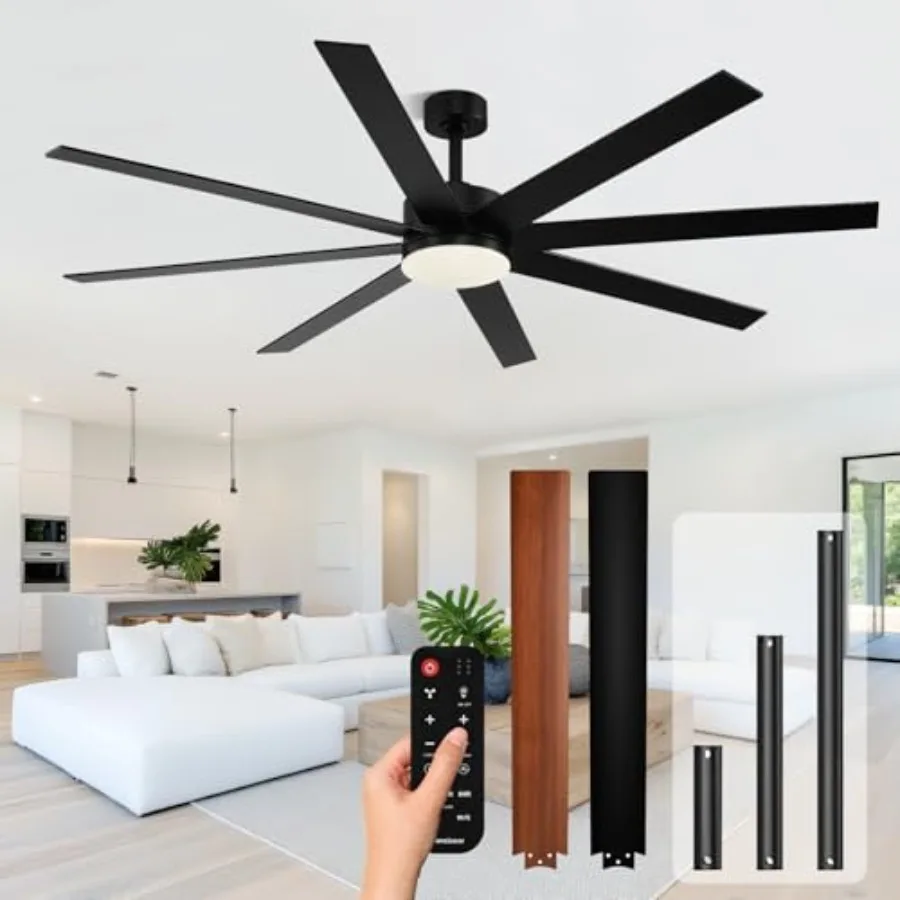 Modern 72 Inch Ceiling Fans with Lights and Remote for Living Room Office Library Cafe Outdoor Industrial Use, Black/Wood Grain