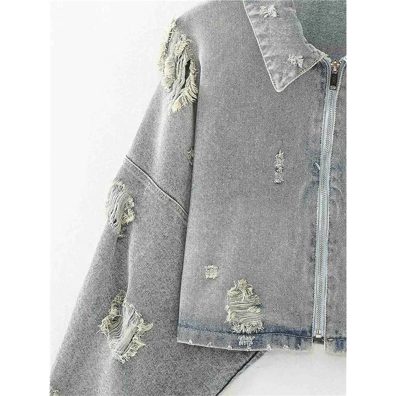 ABRT – Jaqueta jeans feminina desfiada com manga morcego e gola virada para baixo – Casacos de algodão grosso para outono e inverno