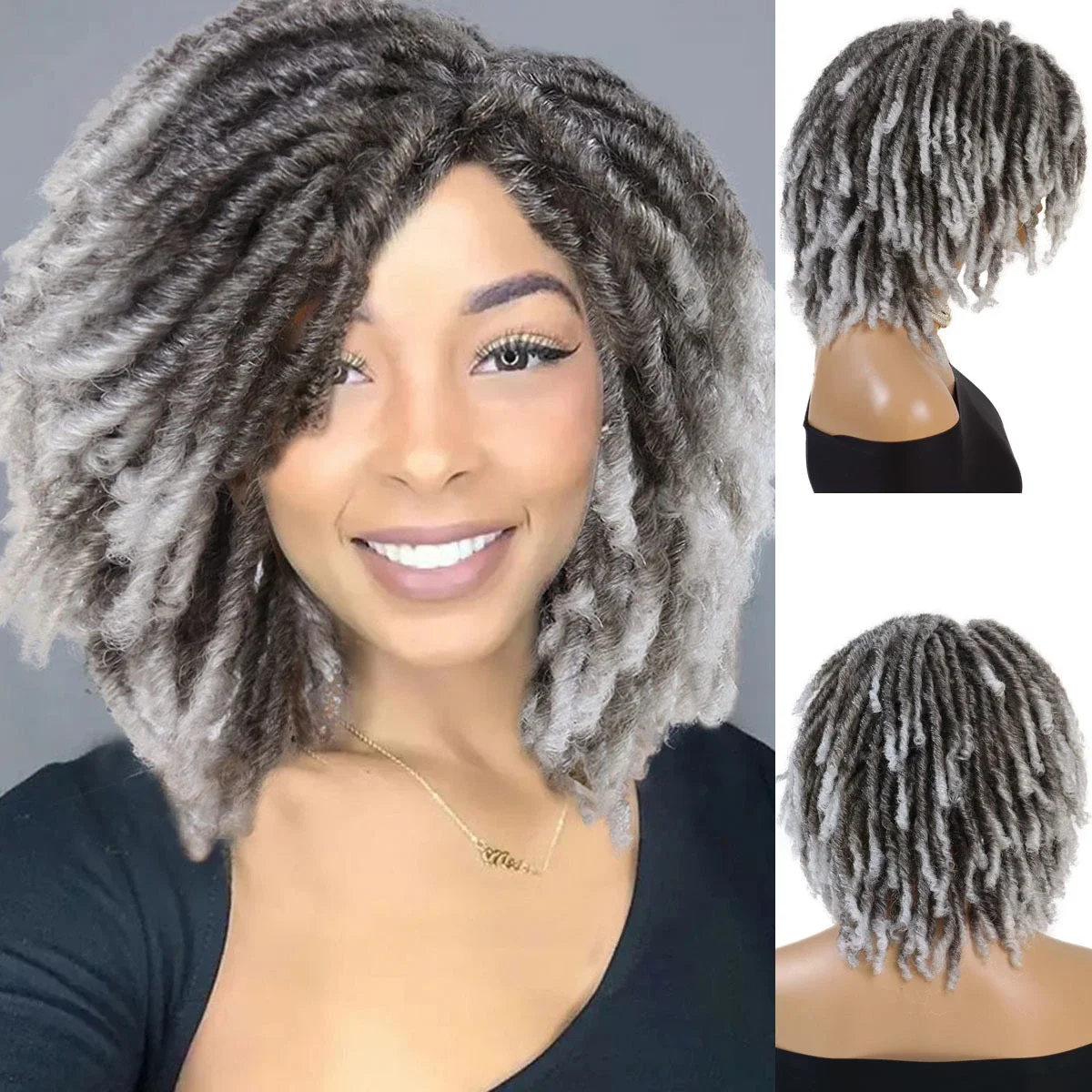 Synthetic Braided Wigs for Women Locs Crochet Twist Hair Short Afro Wig Ladies Dreadlock Wig Ombre Grey Daily Curly