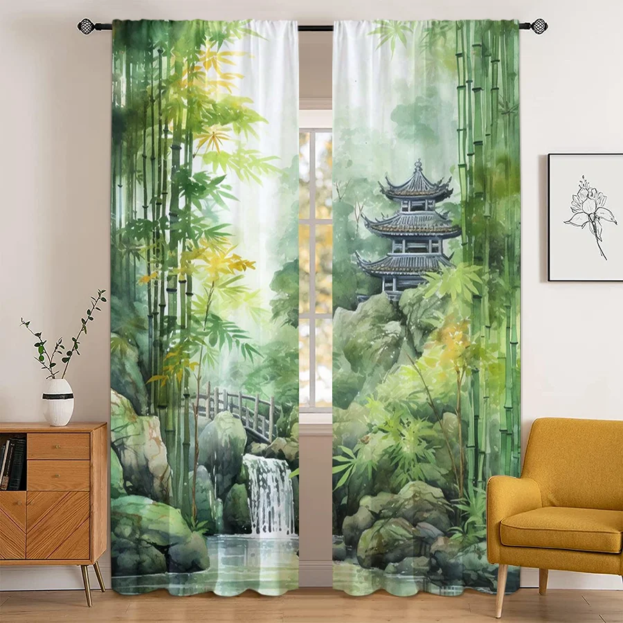 2PCS Digital Print Curtain, Watercolor Bamboo Forest Mountain Landscape, Oriental Zen Style for Living Room Bedroom Decor