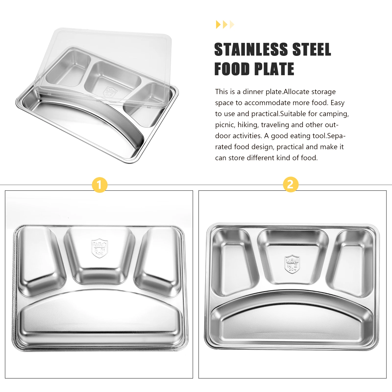 

304 Stainless Steel Meal Box Food Storage Plate BPA Free Safe for Camping Picnic Travel Divided Compartments