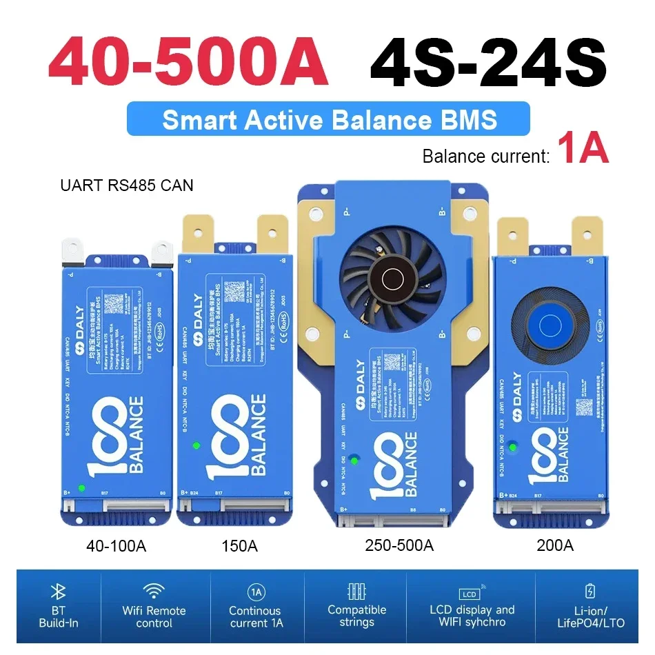 JHB Smart BMS Active Balance 4-24S 40-500A  Fan Cooling Lithium Battery Protection Board BT UART RS485 CAN LiFePo4 Li-ion LTO