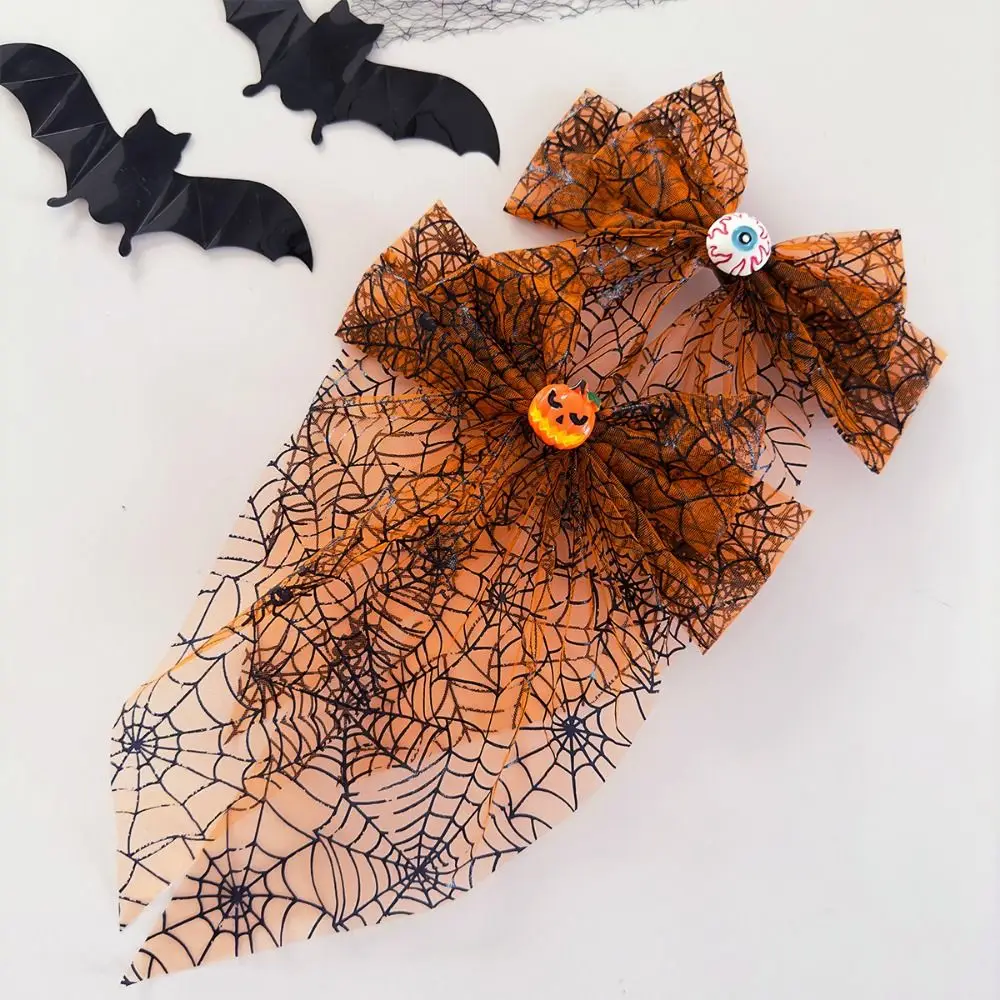 Large Bow Halloween Hair Clip Orange Handmade Hair Accessories Spider Web Print Pumpkin Bow Spring Clip Holiday Decor