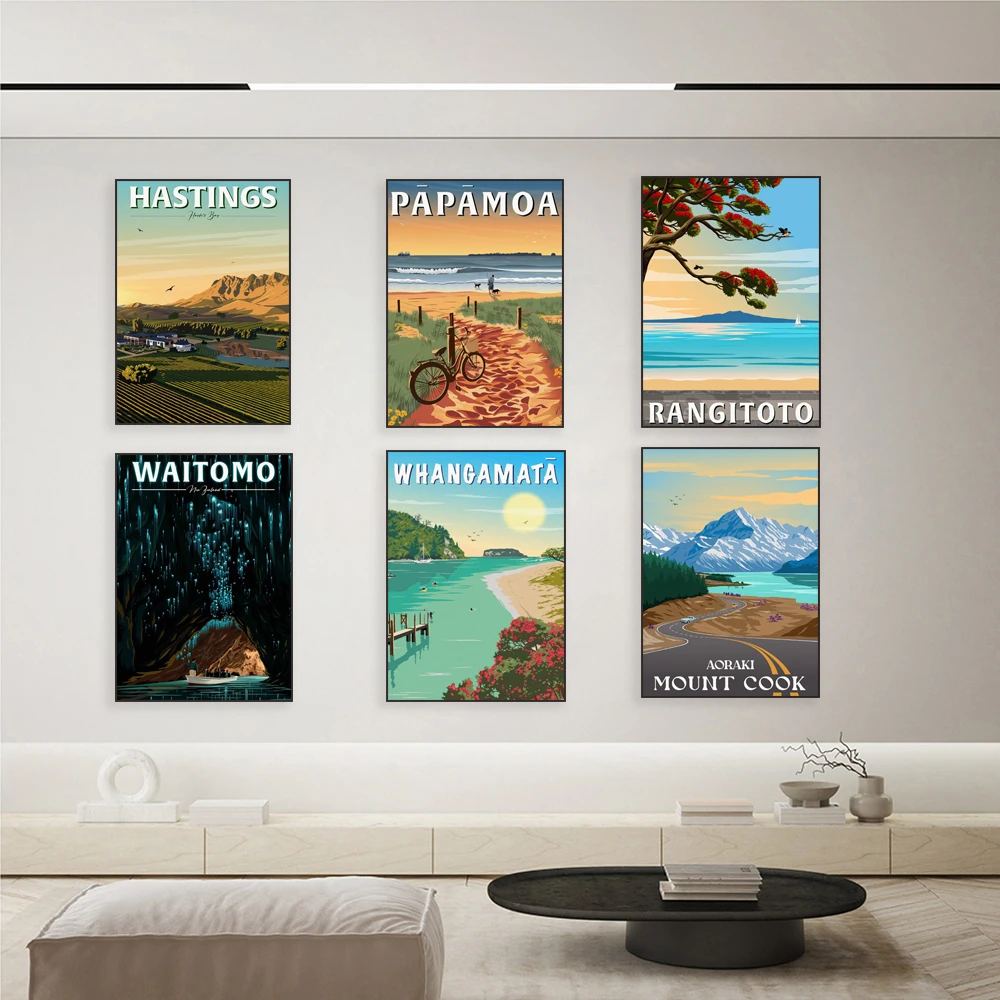 New Zealand Waitomo, Whangamata, Rangitoto, Taupo Sunset Peaks, Piha Beach, Hastings, Rotorua - Redwood Forest Travel Poster