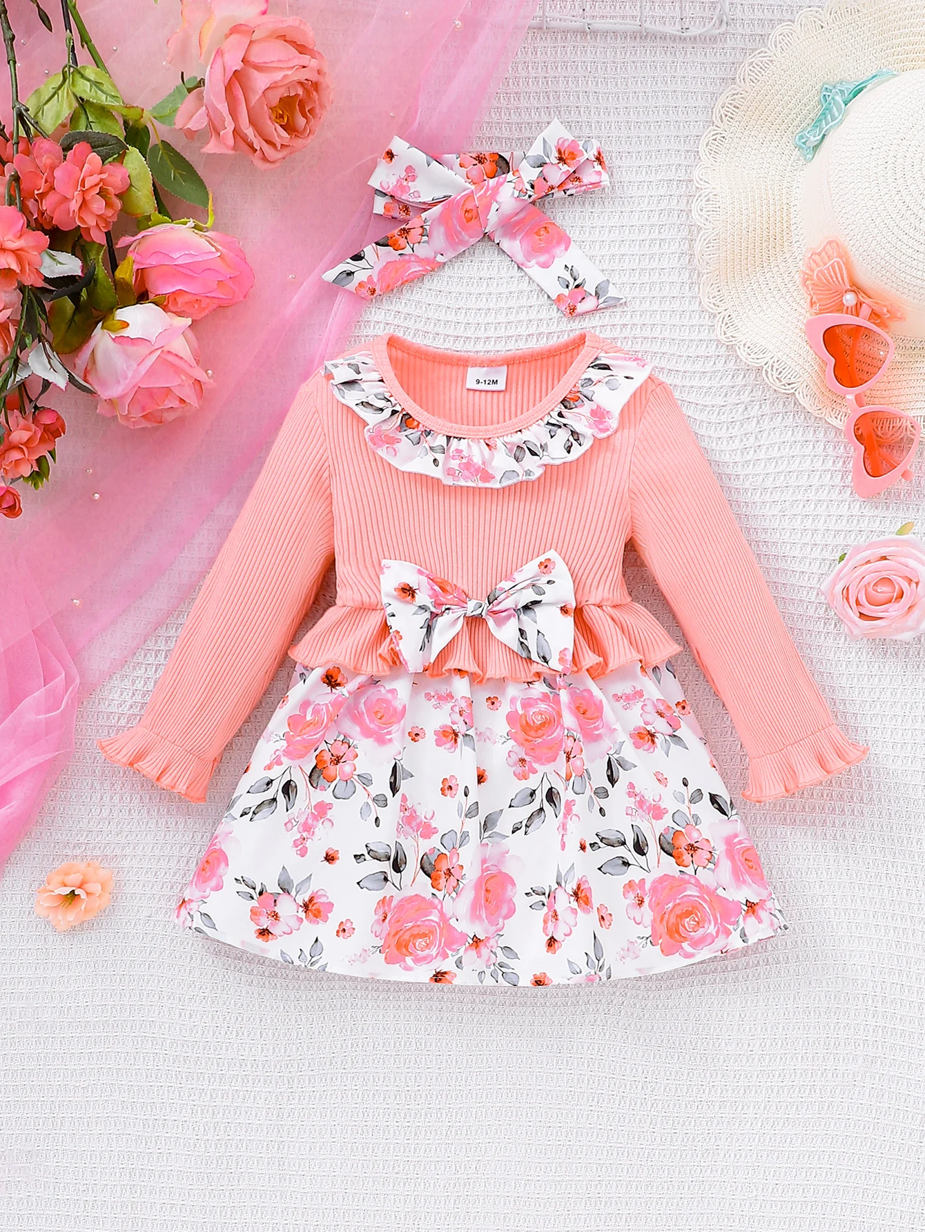 Sweet Floral Dress Set for Baby Girls Orange Stripes Long Sleeve Rose Printed Hem Hair Accessory Included