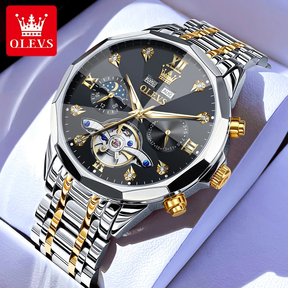 

OLEVS Luxury Men's Watches Moon Phase Dual Calendar Skeleton Flywheel Automatic Mechanical Watches Fashion Hollow Man Watch 6621