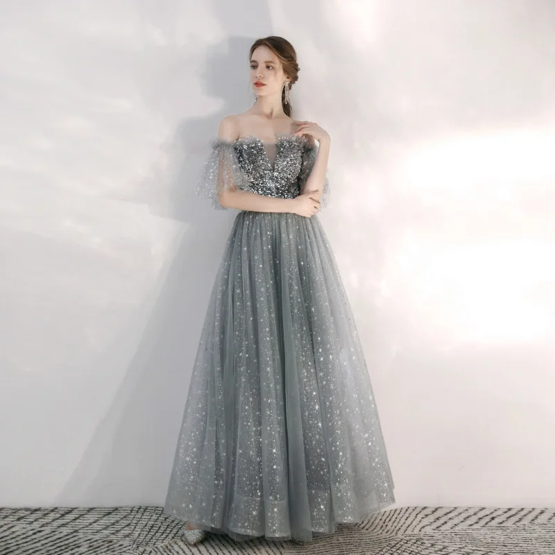 Grey Off Shoulder Long Evening Dress Women V-Neck Sequin A-line Printing Quinceanera Dresses Exquisite Elegant Banquet Gown