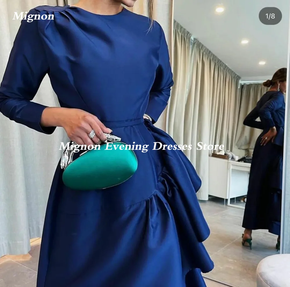 Mignon Satin A-line Prom Gown Scoop-neckline Evening Ankle-length Ruffle Cap Straps Formal Elegant Party Dress for Women 2023