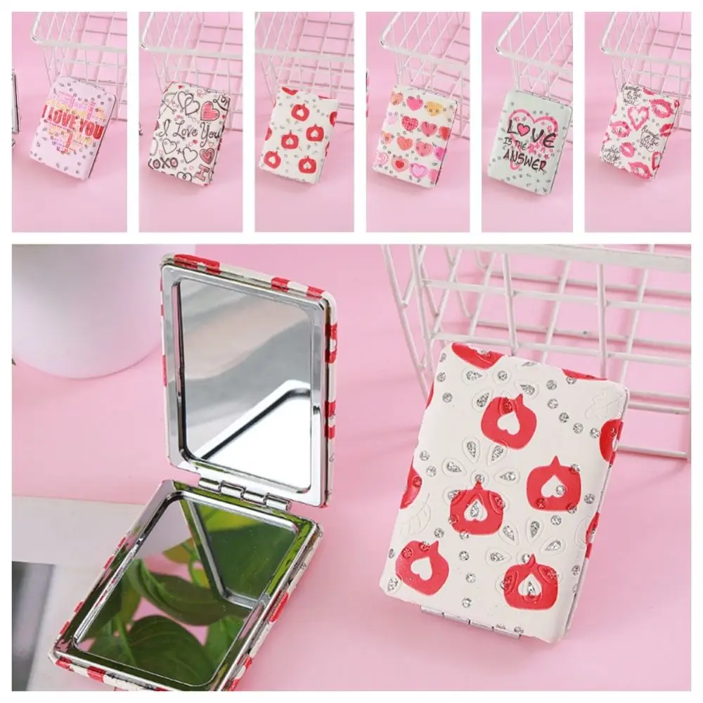 Double-Sided Folding Makeup Mirror, elegante Retângulo Pocket Mirror, alta definição, amor espelho cosmético