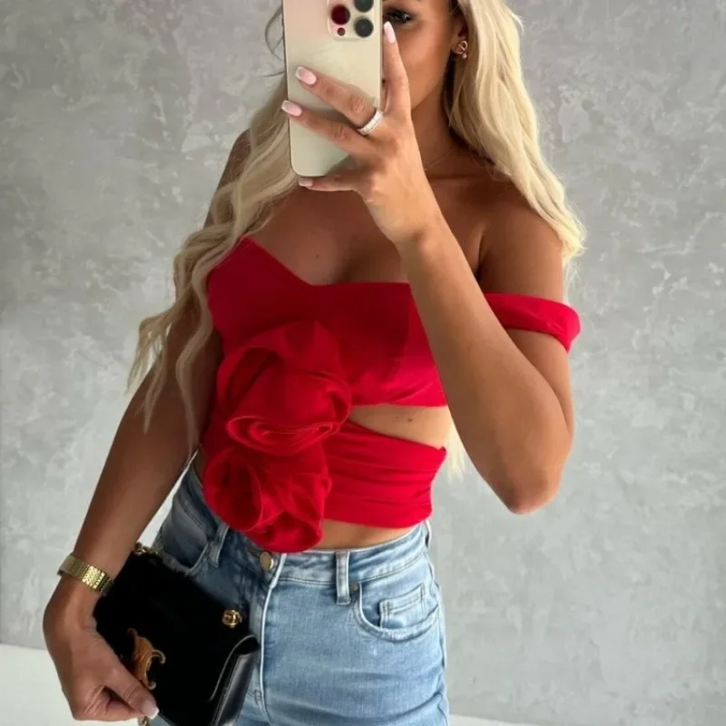 Women's New Fashion Sleeveless 3D Flower Front Ruched Crop Tops Y2k Fairy Causal Solid Color Summer Tank Tops Streetwear MYQH03