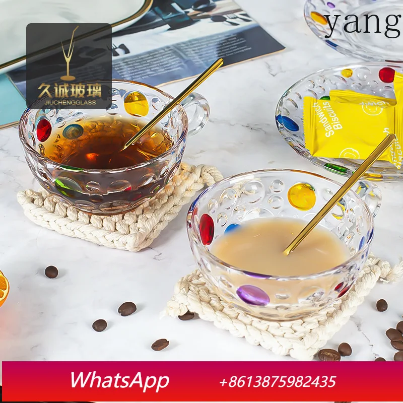 

YJQ relief polka dot hand painted glass with handle coffee cup set thickened glass saucer
