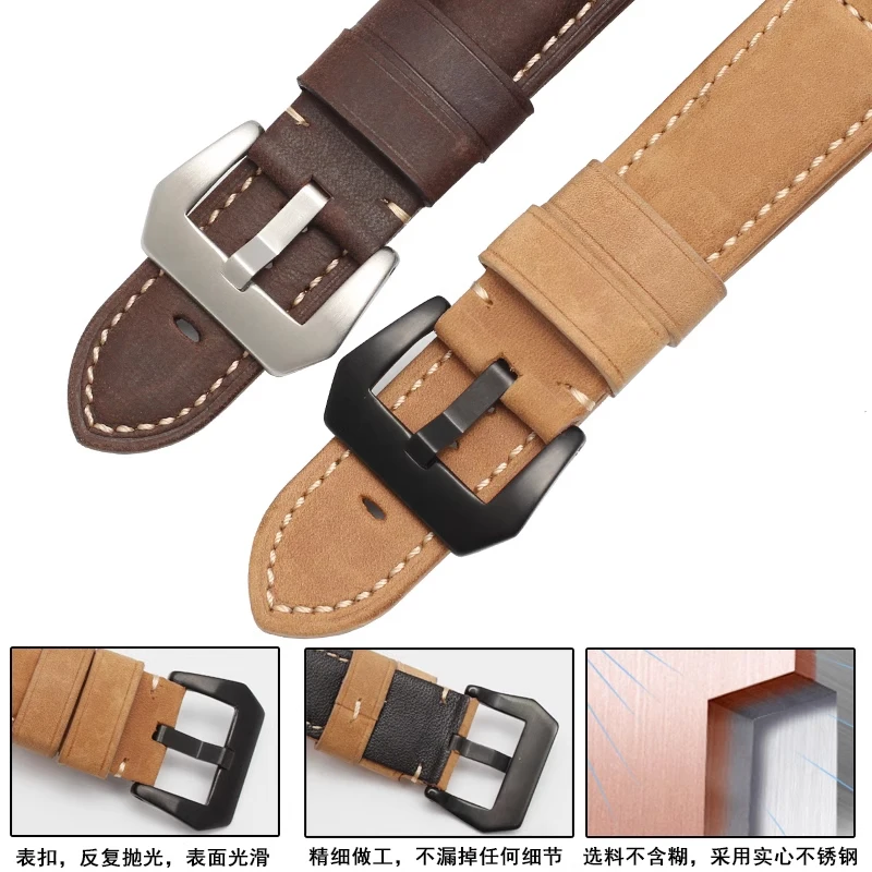 حزام من الجلد الطبيعي مصنوع يدويًا لبانيراي PAM 441/PAM 111/PAM 386, 20 مللي متر 22 مللي متر 24 مللي متر 26 مللي متر استبدال حزام ساعة رجالي فاخر