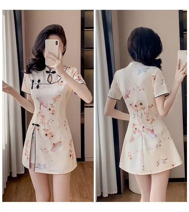 Young Girl's Improved Cheongsam Dress Set Chinese Style New Summer Collection 2025 Flower Print Dress and Shorts Suits