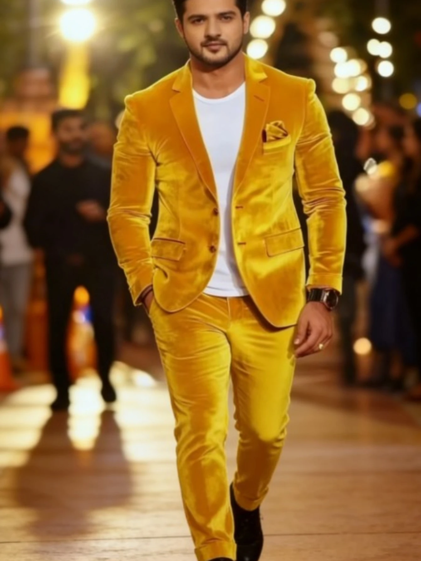 

Новый стиль: Желтый бархатный мужской костюм для торжественных мероприятий, деловых встреч, свадеб, выпускных вечеров, для жениха и шаферов. Мужской смокинг из 2 предметов: пиджак и брюки.