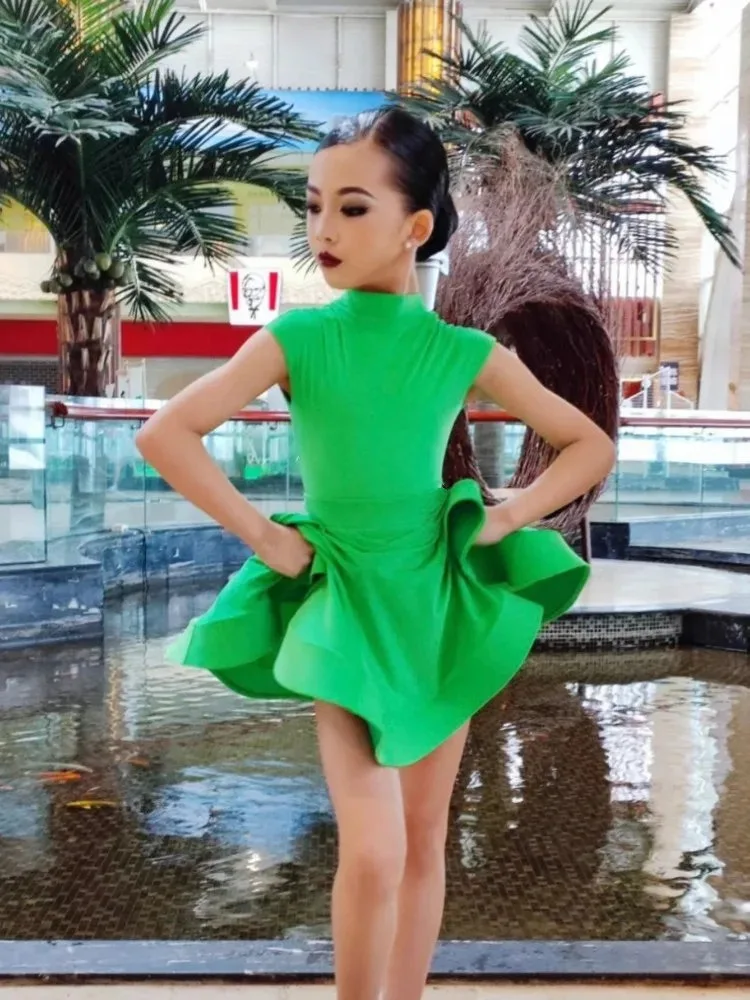 Groene ballroom latin korte mouw jurk meisjes amerikaanse dans rumba cha cha samba tango kostuum concurrentie praktijk slijtage kinderen