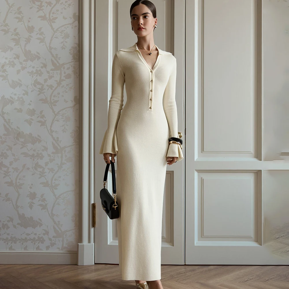 

Tuularose Elegant Knitted Long Dress New Fashion Solid Long Sleeve Patchwork Knitted Dress Luxury Party Women's Evening Dresses