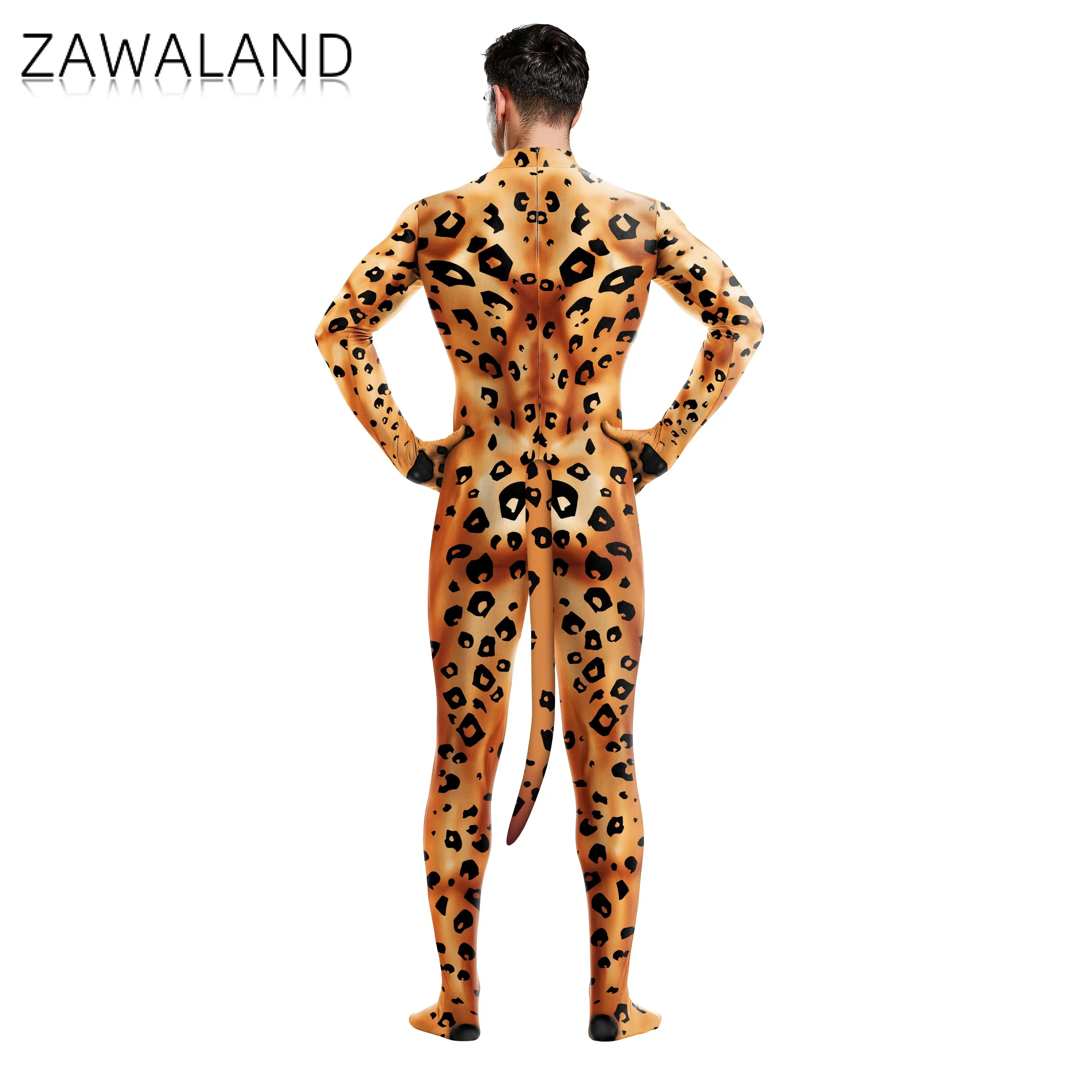 Zawaland-body de leopardo impresso 3D masculino com cauda, traje Cosplay animal adulto, macacão com zíper, roupas masculinas Zentai, macacão