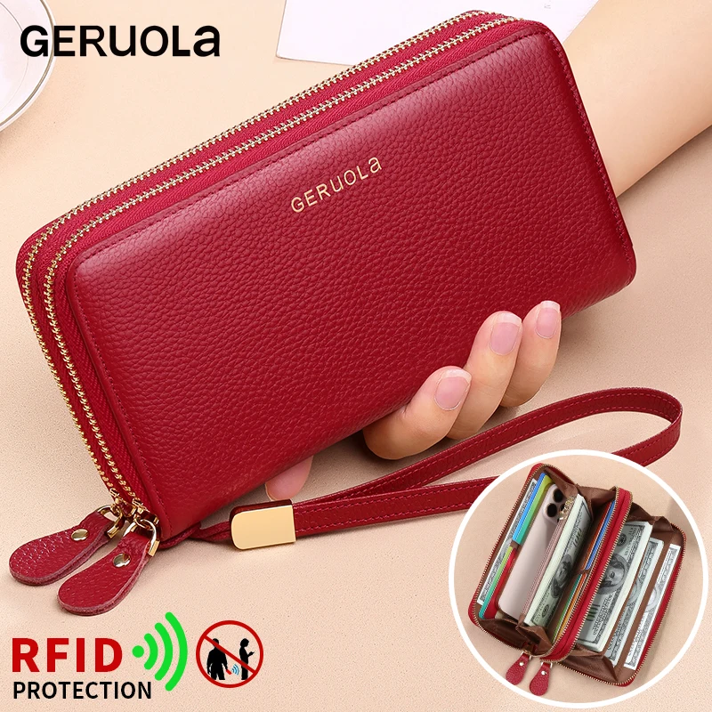 GERUOLA Genuine Leather Wallet with Wrist Strap - Anti-Theft RFID Blocking, Zippered Coin Pocket, Credit Card Slots & ID Holder