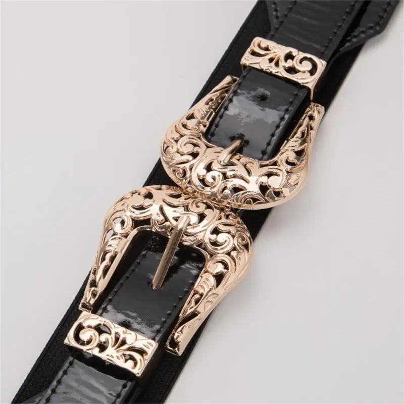 

652F Women Waist Belt Elastic Waistband with HollowOut Double Buckle Lady Fashion Decorative Belt High Waist Belt for Dress