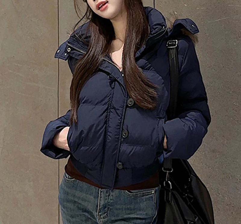 Casual Cropped Parkas Women Fashion Faux Fur Collar Hooded Puffy Coats Winter Warm Solid All Match Slim Long Sleeve Outwear Tops