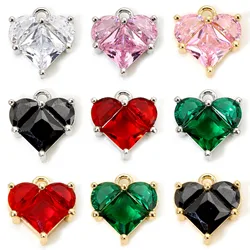 1pc Cubic Zirconia Glass Heart Charms Brass Multicolor Heart Pendants For Necklace Making Women Jewelry Accessories 11x10mm