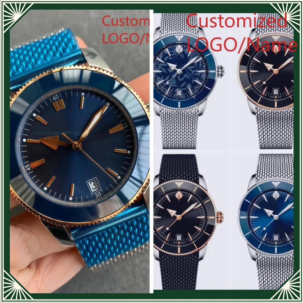 

A185 Store Customized Watches 46mm Sport Automatic Mechanical Watch for Men, Rose Gold Case, Black and Blue Rubber Strap