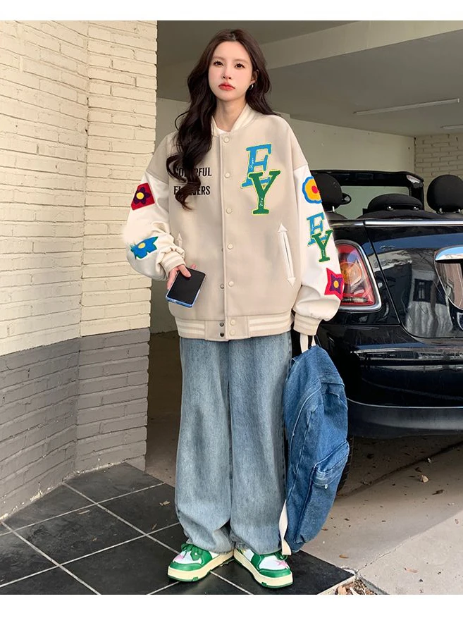 American Retro Baseball Jacket Spring Autumn Loose Thin Casual Outerwear for Girls High School Students Comfortable Long Slee...
