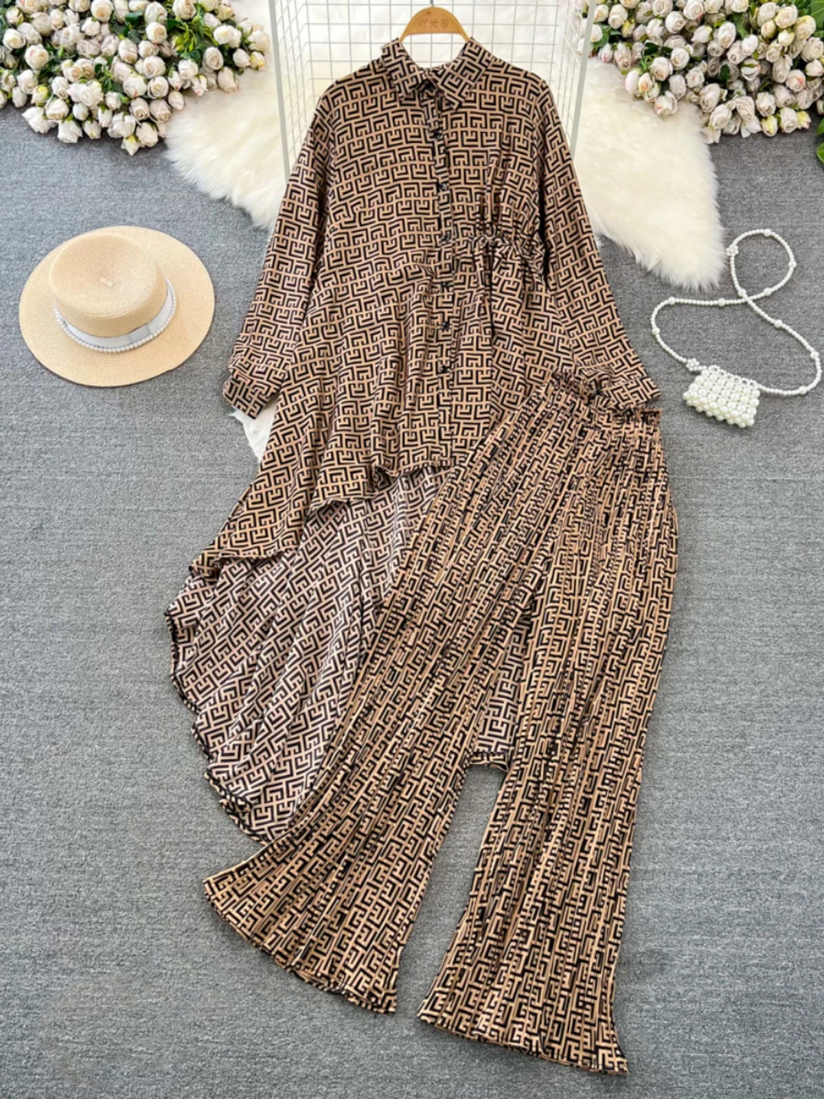 Faionable Long Sve ample Midi irt et pantalon ensemble simple bouton imprimé haut taille haute évasé gored jupe deux pièces costume