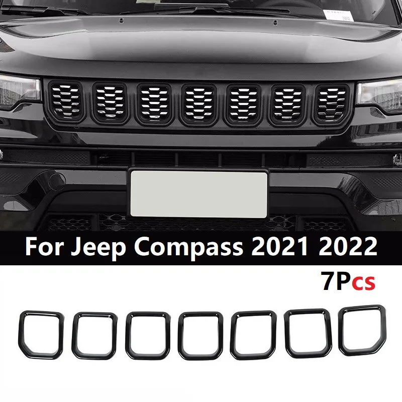 Car Inserts Covers For Jeep Compass 2021 2022 Bright Black ABS Front Grille Insert Grill Cover Trim Mesh Grille Inserts Covers