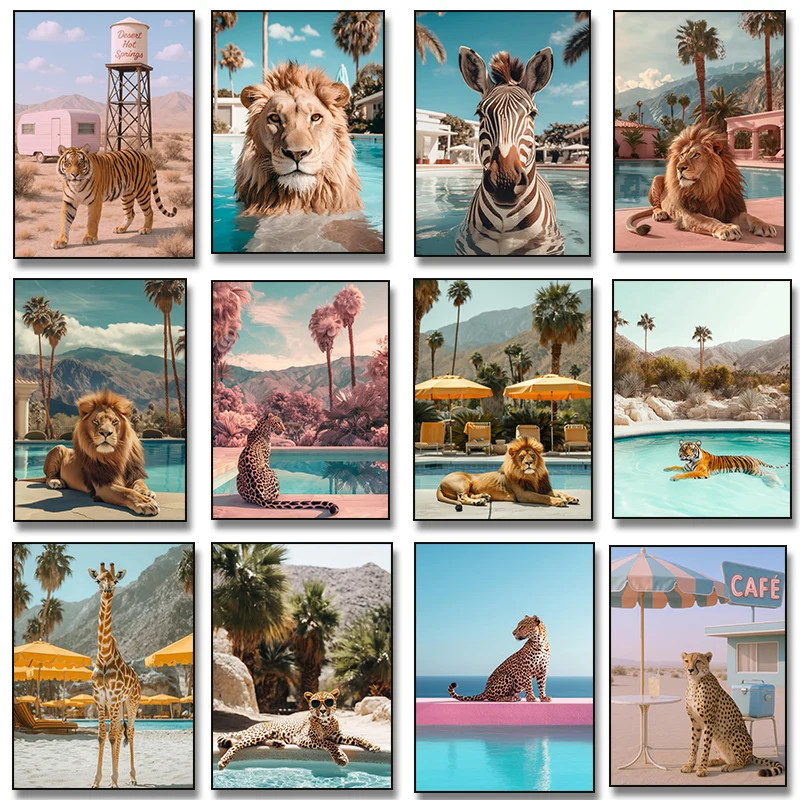 Póster de tigre en una piscina en Palm Springs, guepardo, León en California, lienzo, pintura impresa, moderno de mediados de siglo para decoración del hogar
