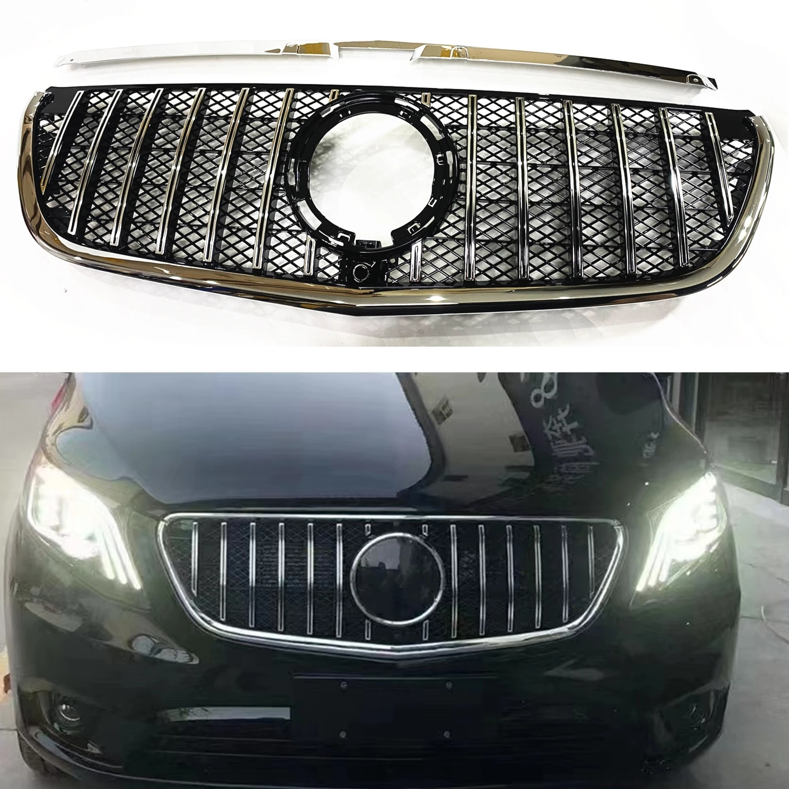 Front Grille Racing Grills For Mercedes Benz W447 Metris 2021-2023 GT Style Black/Silver Car Upper Bumper Hood Mesh Grid Kit