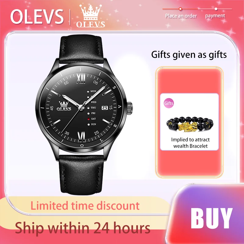 OLEVS Original Brand Men Watch Luminous Quartz Watches Leather Strap Waterproof Week Calendar New Design Watch for Man Business