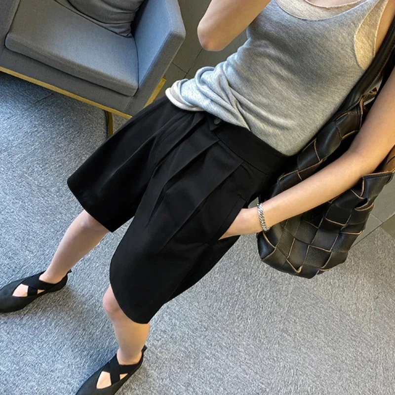 Frühling Sommer Mode Damen Breite Bein Anzüge Shorts Casual Hohe Taille Doppel Taste Einfarbig Gerade Büro Dame Shorts Hosen