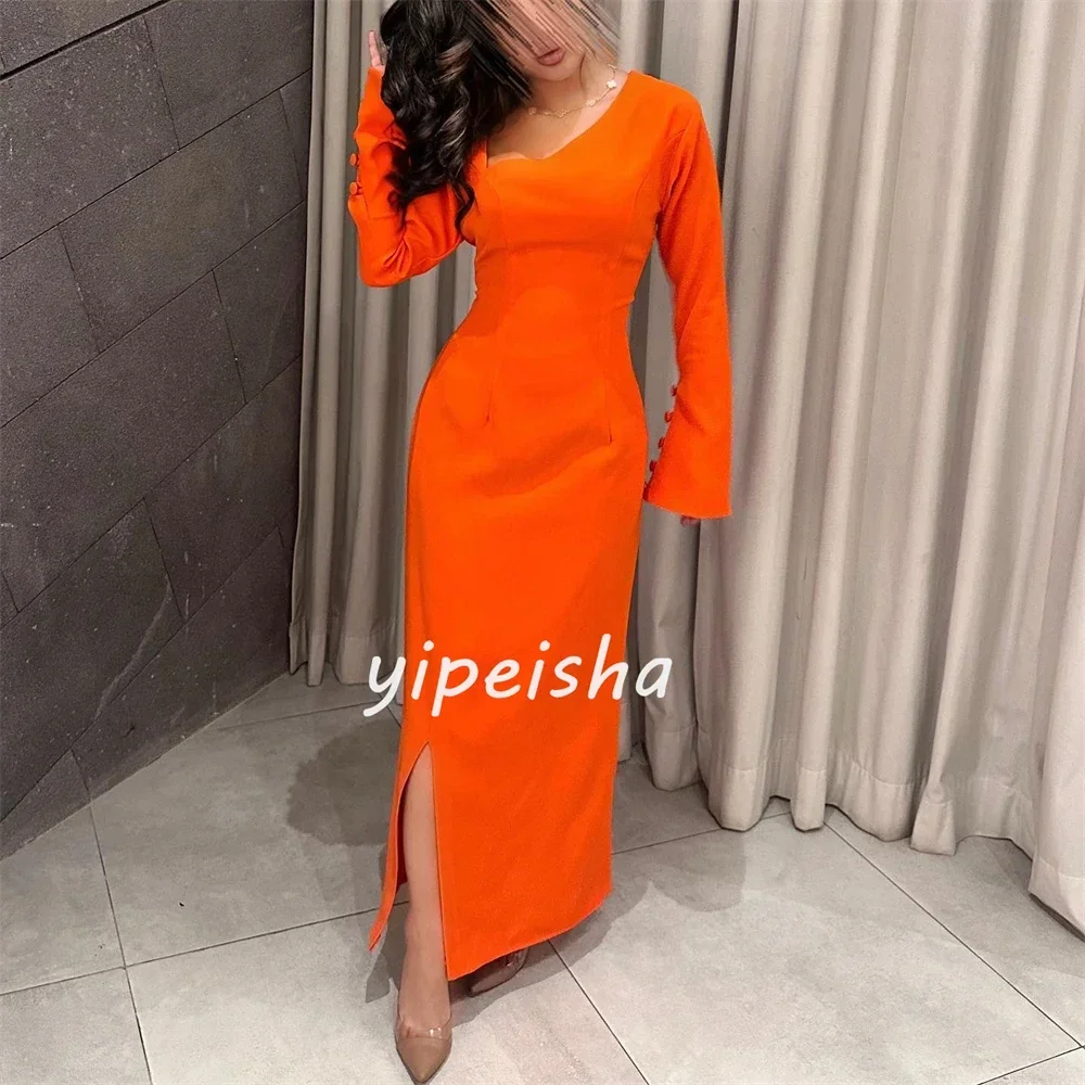 Customized Jersey Button Ruched Formal Evening A-line V-neck Bespoke Occasion Gown Midi Dresses
