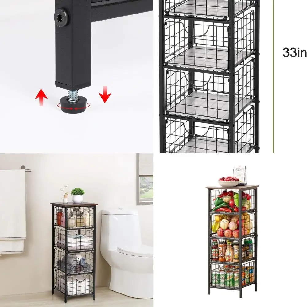 

5-уровневая деревянная верхняя полка для хранения в ванной комнате с 4 выдвижными корзинами и корзиной для фруктов, черная