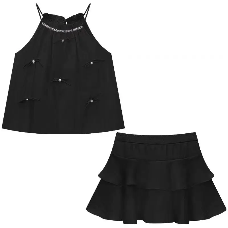 Two Piece Set Sweet Bow Diamond Hanging Neck Strapless Sling High Waist Ruffled Cake Skirt Rhinestone Halter Satin Crop  Suit