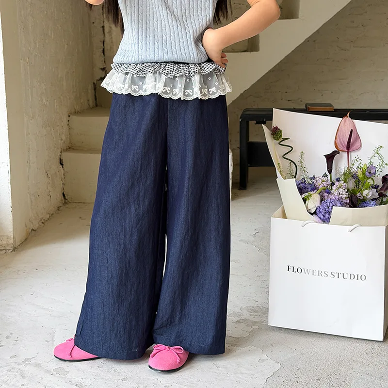 Girls Soft Supple Lightweight Delicate Mosquito Pants Korean Sweet Style Double Layer Lace Trim Straight Pants