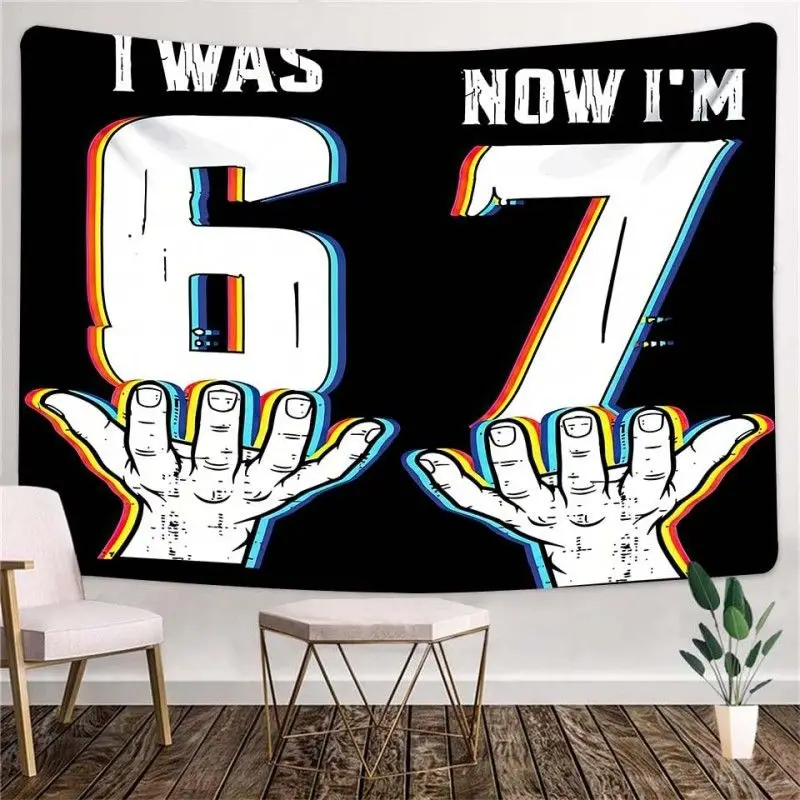 I Was 6 Now I'm 7 Hands Graphic Tapestry Retro Rainbow Number Birthday Wall Hanging Kids Room Party Decor