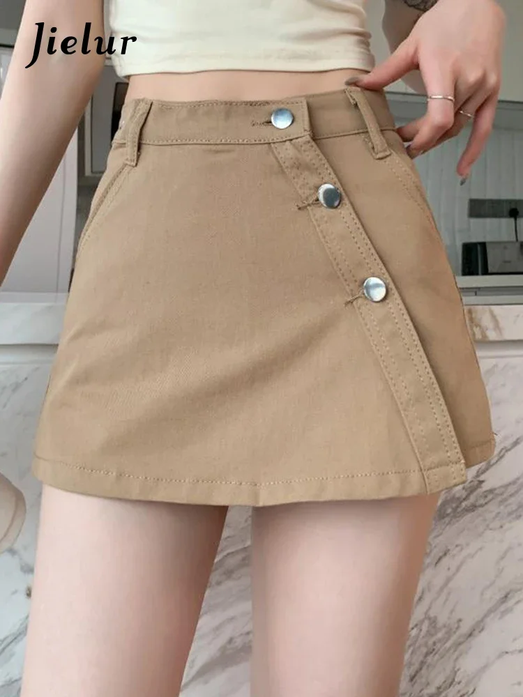 

Jielur, летние однотонные повседневные женские джинсовые шорты, юбки, модные офисные женские шикарные женские шорты трапециевидной формы с высокой талией и пуговицами