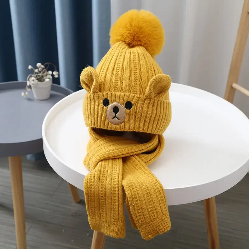 Warm Kids Beanie Scarf Set European Style  Cartoon Bear Crochet Bonnet for Toddler Boy Girl Outdoor Autumn Winter Hat Scarf Set