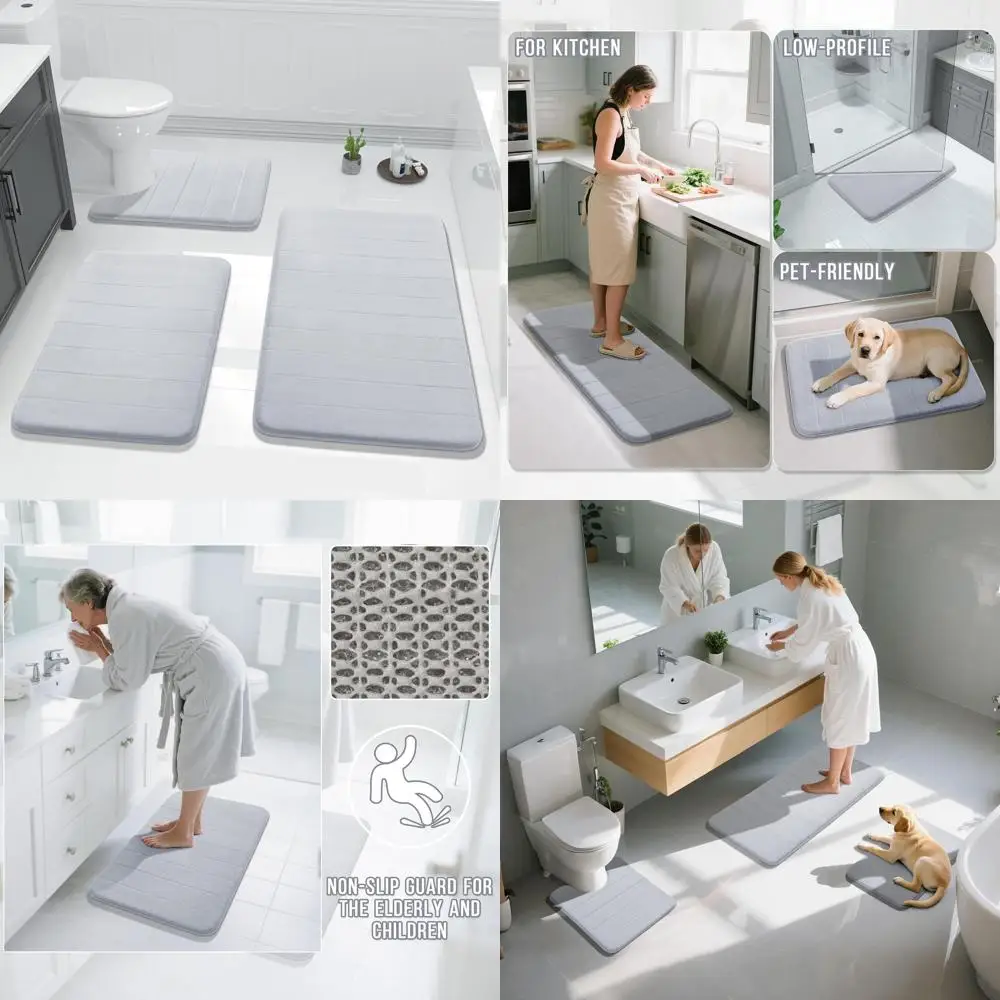 

Набор ковриков для ванной из 3 предметов из пены с эффектом памяти — U-образный коврик для унитаза, нескользящий, мягкий, впитывающий, быстросохнущий для ванной комнаты, серебристый