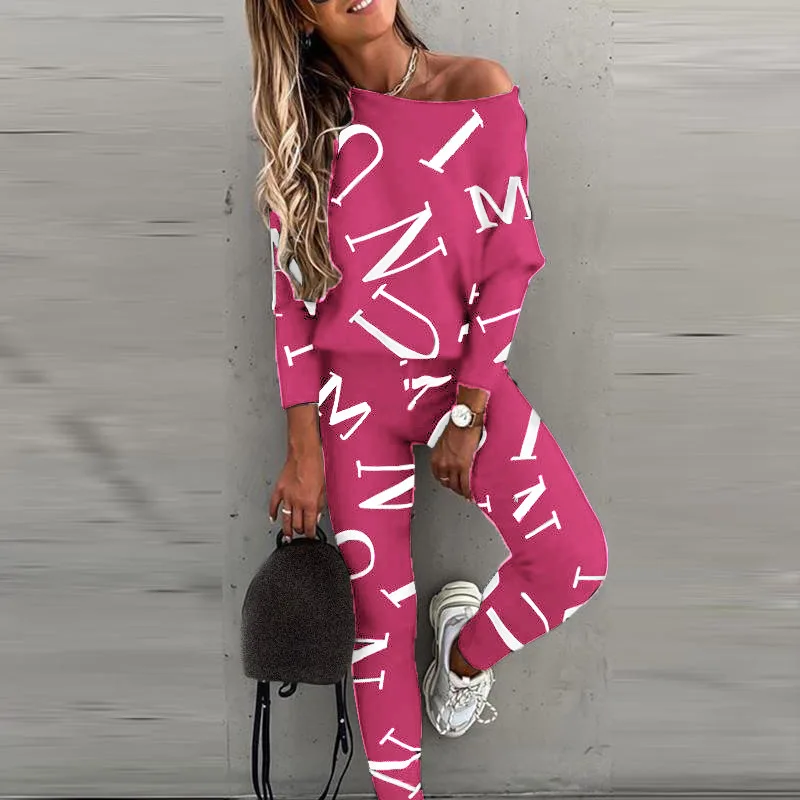 Spring New Style of Europe and the United States Women\'s Letters Printed Long-sleeved Trousers Casual Suit