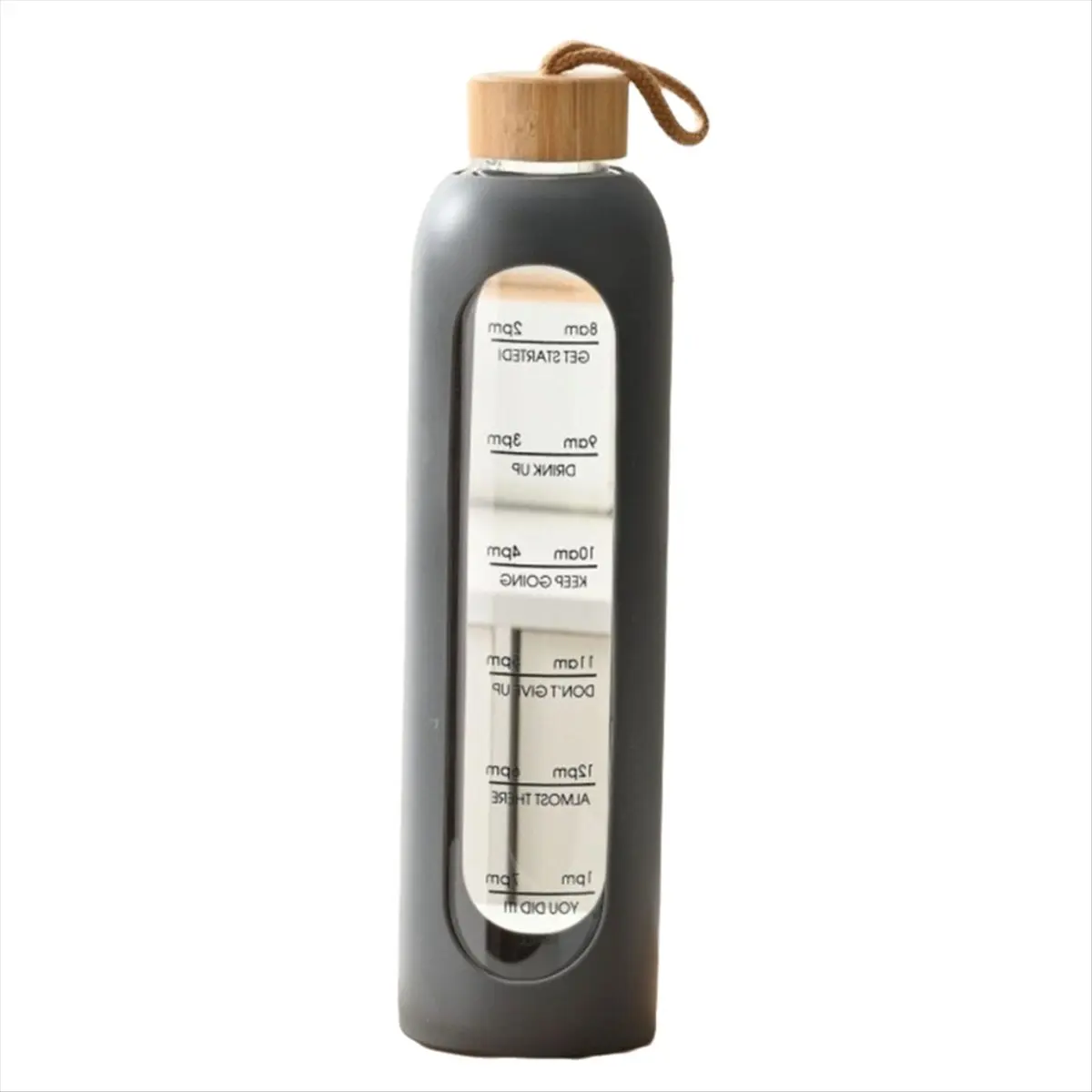 REST 1L Time-Marked Glass Water Bottles Portable Drink Bottle Bamboo Lid Free of Lead Sport Silicone Sleeve Bottle Black