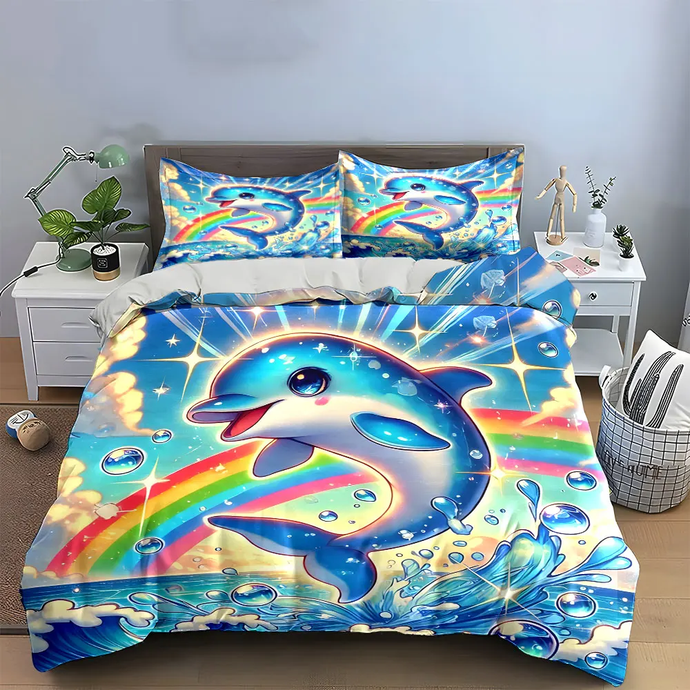 Colorful Dolphin Three-Piece Set Multiple sizes kid's and adults' bedroom Exquisite 3PC bedding set, gift
