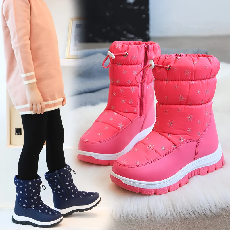 Winter Children Girls Snowflake High Snow Boots Warm Plush Thick-Soled Ankle-length Casual Soft-soled Pink Cotton Boot